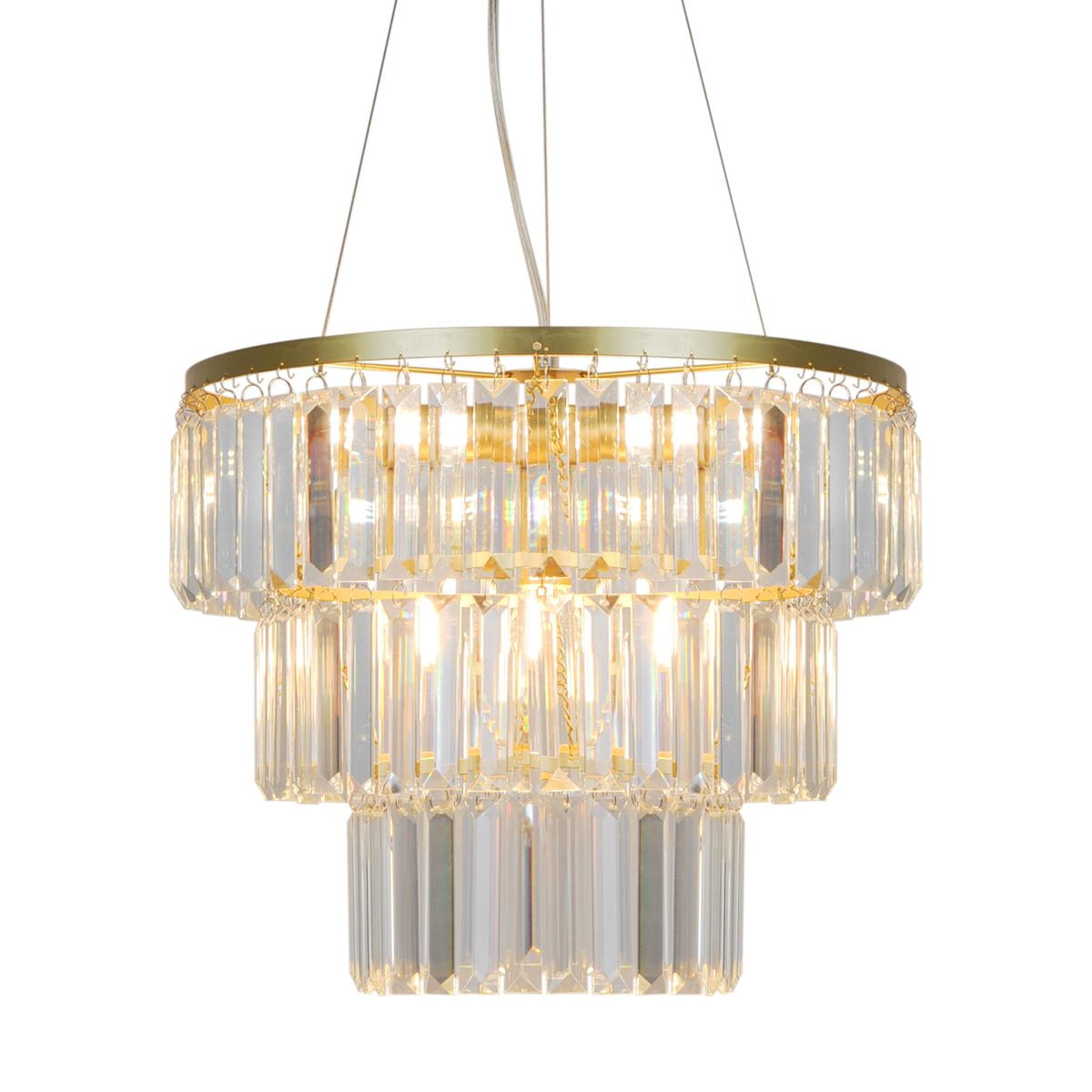 Lampa wisząca Tiffany z czterema oprawami E14 w złotym wykończeniu. Posiada trzy poziomy przezroczystych, prostokątnych kryształów, które tworzą elegancki efekt świetlny. Zawieszona na cienkich linkach, idealna do nowoczesnych wnętrz.