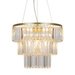 Lampa wisząca Tiffany z czterema oprawami E14 w złotym wykończeniu. Posiada trzy poziomy przezroczystych, prostokątnych kryształów, które tworzą elegancki efekt świetlny. Zawieszona na cienkich linkach, idealna do nowoczesnych wnętrz.