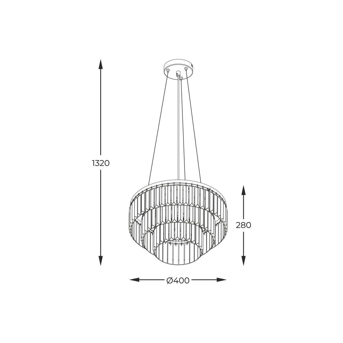 Lampa wisząca Tiffany w kolorze złotym z miejscem na cztery żarówki typu E14. Okrągła, z poziomymi szczelinami, zawieszona na trzech linkach. Wymiary: wysokość 1320 mm, średnica 400 mm, wysokość klosza 280 mm.