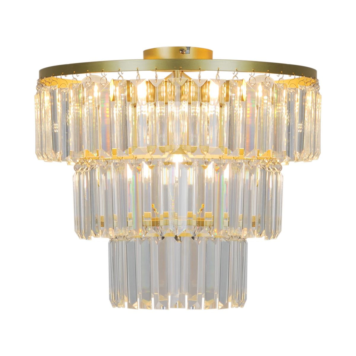 Lampa sufitowa Tiffany 4xE14 w złotym kolorze, z trzema poziomymi warstwami szklanych kryształów, tworzących efektowną dekorację. Ujęcie z boku, jasno oświetlona, z widocznym detalem mocowania. Idealna do eleganckich wnętrz.