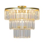 Lampa sufitowa Tiffany 4xE14 w złotym kolorze, z trzema poziomymi warstwami szklanych kryształów, tworzących efektowną dekorację. Ujęcie z boku, jasno oświetlona, z widocznym detalem mocowania. Idealna do eleganckich wnętrz.