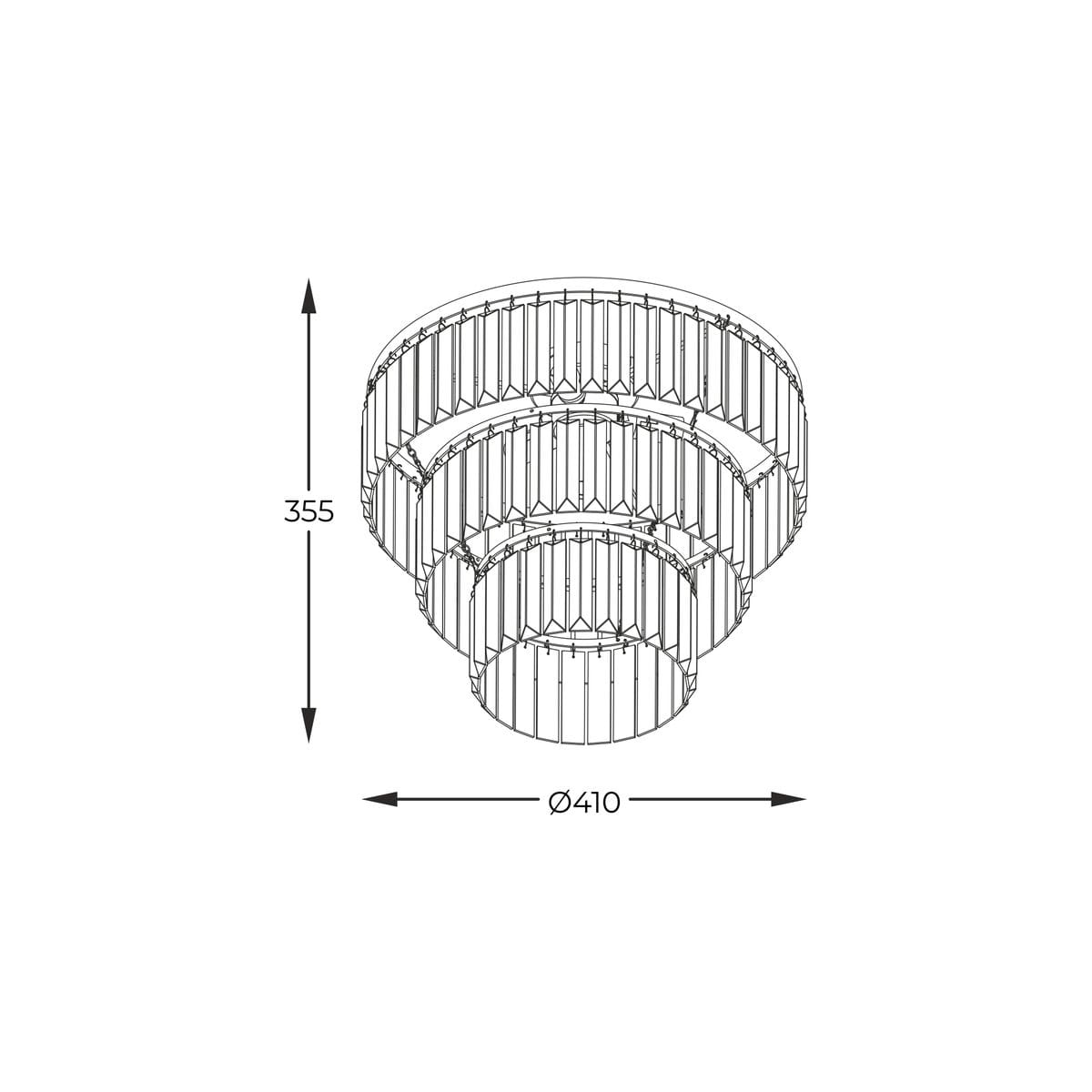 Lampa sufitowa Tiffany 4xE14 w kolorze złotym, o średnicy 410 mm i wysokości 355 mm. Trzy poziomy okrągłych kloszy z przezroczystymi elementami, wisząca konstrukcja, stylowy design, idealna do nowoczesnych wnętrz.