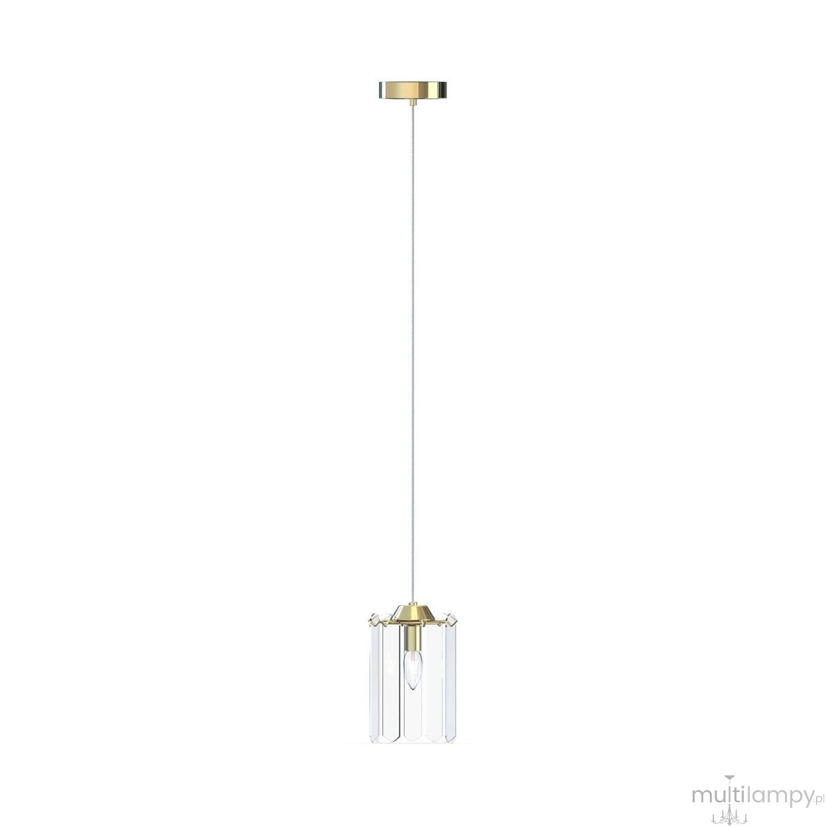 Lampa wisząca Nira z jednym gniazdem E14, złota oprawa z przezroczystymi, prostokątnymi elementami. Zawieszona na cienkim, białym przewodzie, z okrągłym, złotym mocowaniem sufitowym. Idealna do nowoczesnych wnętrz.