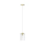 Lampa wisząca Nira z jednym gniazdem E14, złota oprawa z przezroczystymi, prostokątnymi elementami. Zawieszona na cienkim, białym przewodzie, z okrągłym, złotym mocowaniem sufitowym. Idealna do nowoczesnych wnętrz.