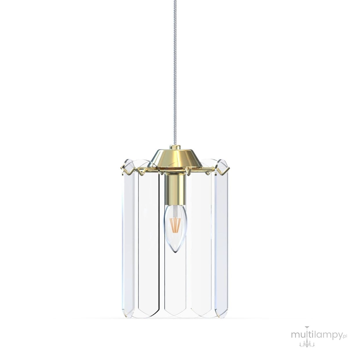 Lampa wisząca Nira z jednym źródłem światła E14, w złotym kolorze z metalowym mocowaniem. Szklane klosze w formie prostokątów, przezroczyste, z delikatnym połyskiem. Zawieszona na słocie, na białym tle.