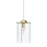 Lampa wisząca Nira z jednym źródłem światła E14, w złotym kolorze z metalowym mocowaniem. Szklane klosze w formie prostokątów, przezroczyste, z delikatnym połyskiem. Zawieszona na słocie, na białym tle.