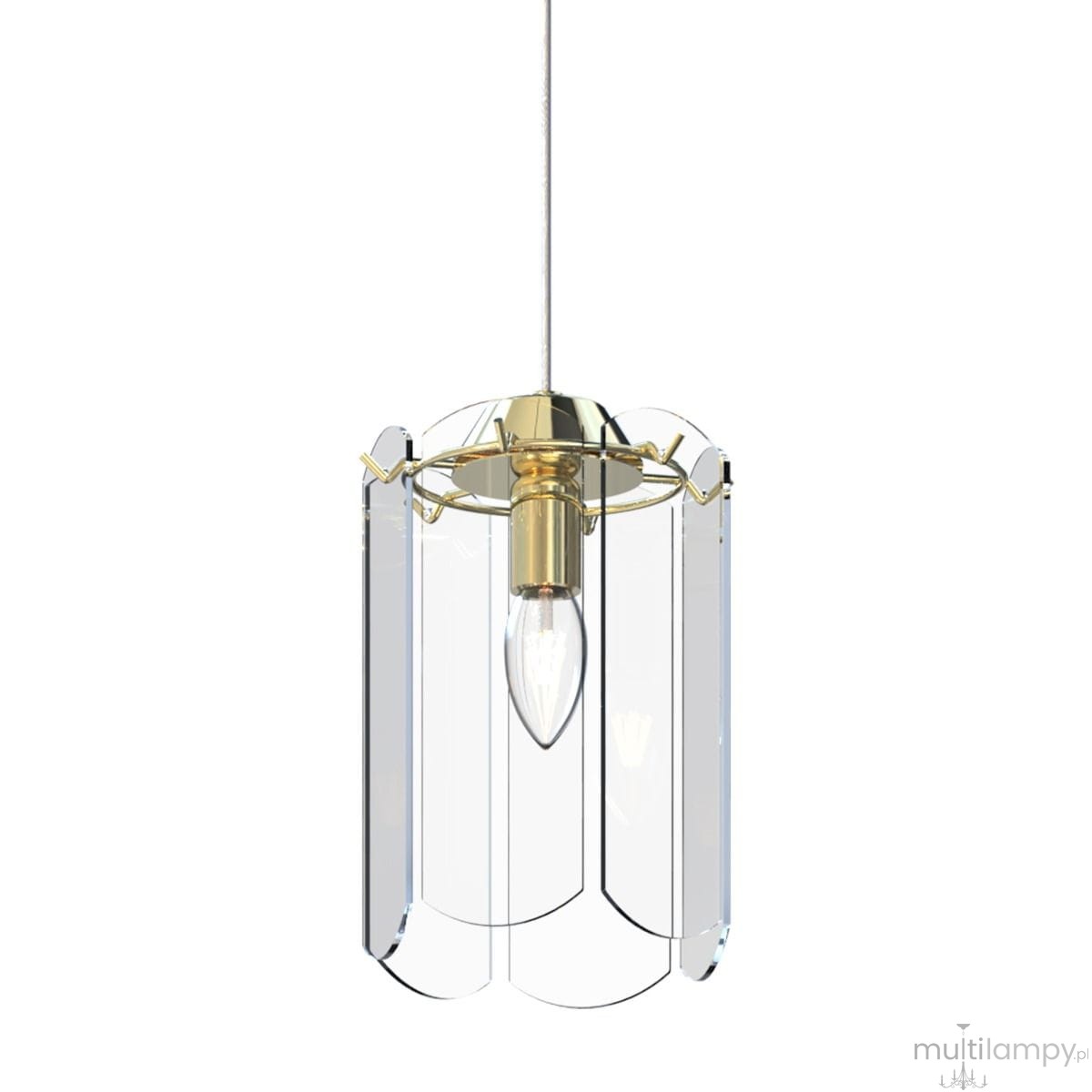 Lampa wisząca Nira z pojedynczym gniazdem E14, w złotej oprawie. Szklane, przezroczyste klosze w kształcie falistych paneli, zawieszone na cienkim kablu. Produkt wisi w pionie na białym tle.
