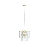 Lampa wisząca Nira w kolorze złotym z osłonami z przezroczystego szkła, przeznaczona na 8 żarówek E14. Produkt zawieszony na cienkim kablu, z okrągłym, metalowym mocowaniem sufitowym, o eleganckim, nowoczesnym designie.