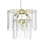 Lampa wisząca Nira w kolorze złotym, z ośmioma gniazdami E14. Ma przezroczyste, faliste elementy osłaniające żarówki, umieszczone na metalowej konstrukcji. Produkt wisi w centralnej pozycji na cienkim przewodzie.