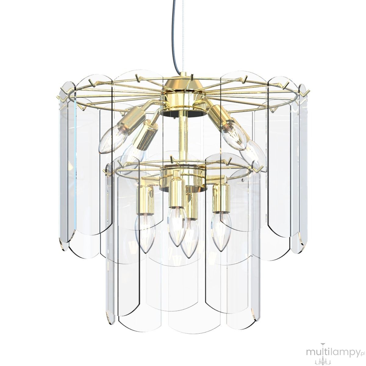 Lampa wisząca Nira 8xE14 w kolorze złotym, z przezroczystymi kloszami w kształcie półokręgów. Kształt okrągły, zawieszona na cienkim przewodzie. Widoczne elementy metalowe i sześć żarówek E14 w centralnej części.