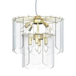 Lampa wisząca Nira 8xE14 w kolorze złotym, z przezroczystymi kloszami w kształcie półokręgów. Kształt okrągły, zawieszona na cienkim przewodzie. Widoczne elementy metalowe i sześć żarówek E14 w centralnej części.