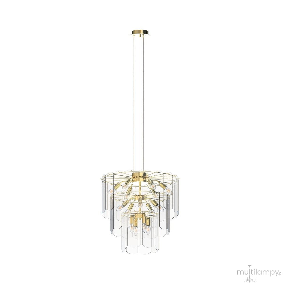 Lampa wisząca Nira 14xE14 w złotym kolorze, z przezroczystymi elementami. Ma okrągły kształt, z widocznymi żarówkami i metalową konstrukcją. Ujęcie z boku, zawieszona na cienkim przewodzie, prezentuje elegancki design.