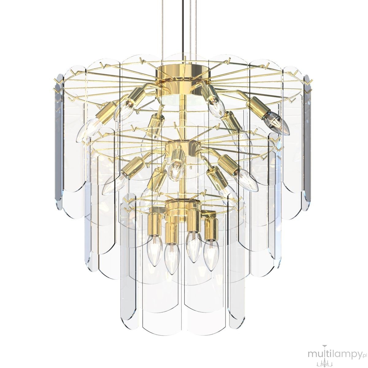 Lampa wisząca Nira 14xE14 w złotym kolorze, z przezroczystymi, szklanymi elementami. Ułożona w formie warstw, z widocznymi żarówkami na metalowej konstrukcji. Wisi na cienkim przewodzie, z eleganckim, nowoczesnym designem.