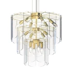 Lampa wisząca Nira 14xE14 w złotym kolorze, z przezroczystymi, szklanymi elementami. Ułożona w formie warstw, z widocznymi żarówkami na metalowej konstrukcji. Wisi na cienkim przewodzie, z eleganckim, nowoczesnym designem.
