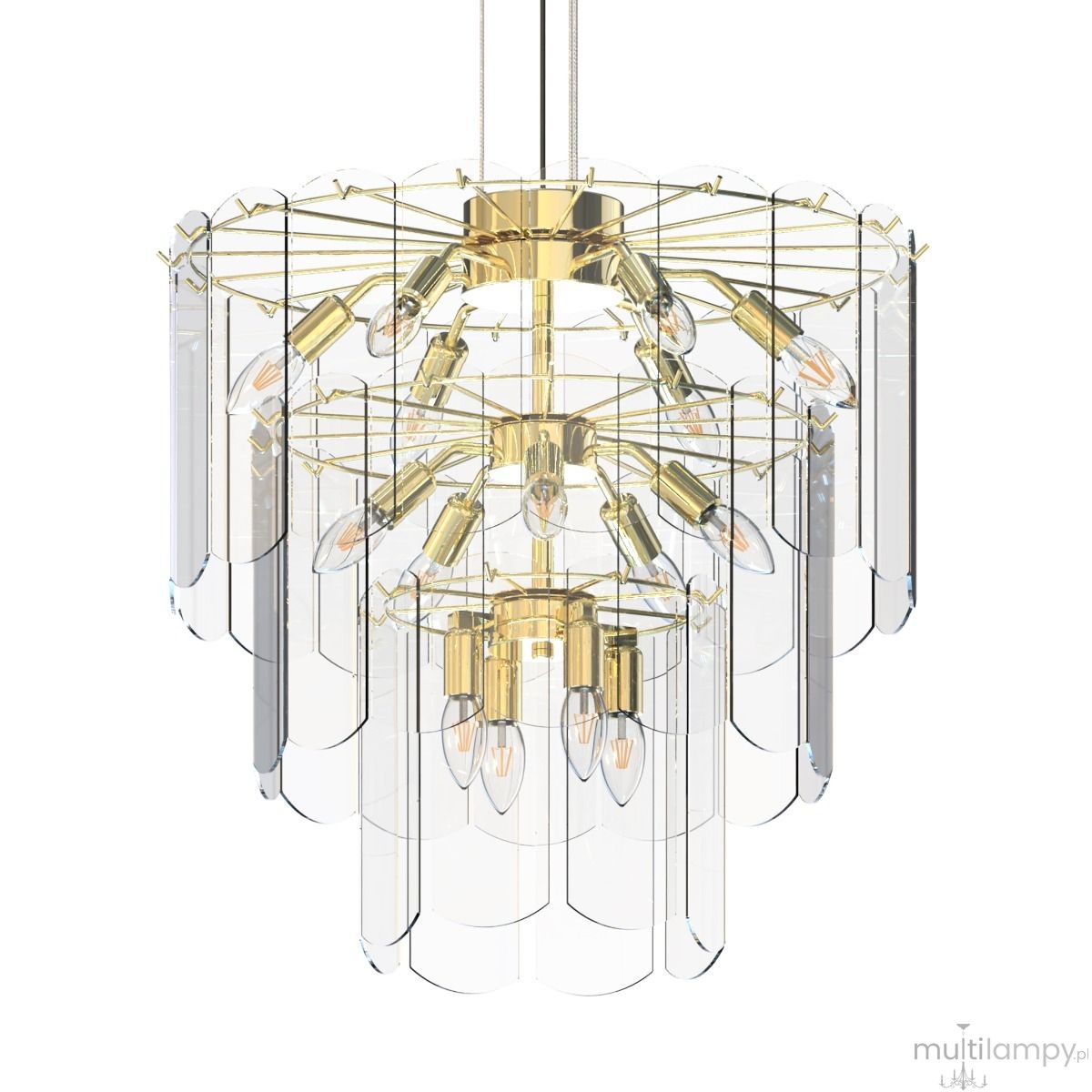 Lampa wisząca Nira w kolorze złotym z 14 gniazdami E14, z przezroczystymi, szklanymi detalami w formie dekoracyjnych zwisów. Produkt widoczny z dołu, eksponujący elegancki design oraz nowoczesną konstrukcję.