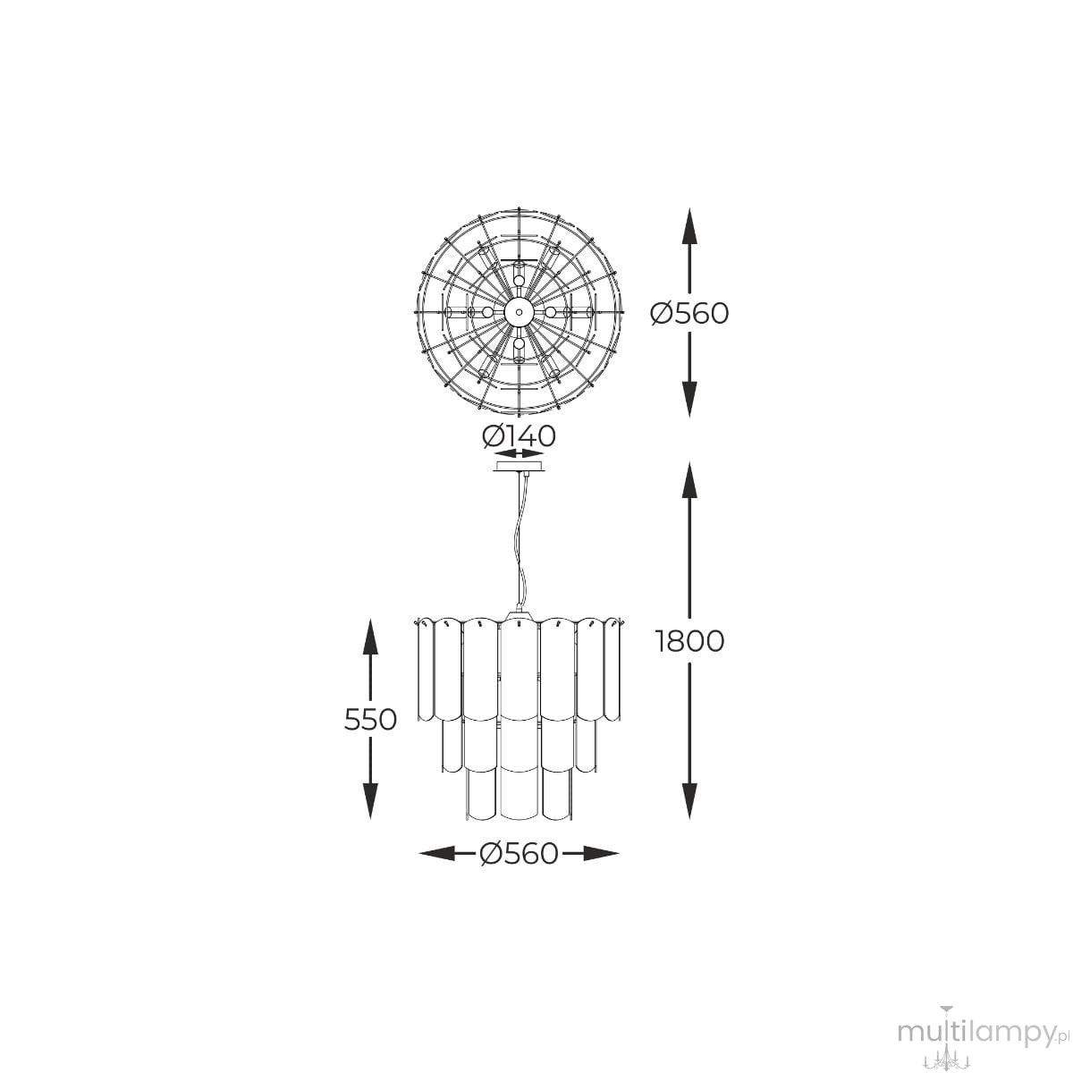 Lampa wisząca Nira w kolorze złotym, z 14 gniazdami E14. Okrągła podsufitka o średnicy 140 mm, z kloszem o średnicy 560 mm. Wysokość całkowita 1800 mm, a odległość od podsufitki do klosza wynosi 550 mm.