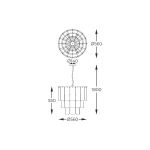 Lampa wisząca Nira w kolorze złotym, z 14 gniazdami E14. Okrągła podsufitka o średnicy 140 mm, z kloszem o średnicy 560 mm. Wysokość całkowita 1800 mm, a odległość od podsufitki do klosza wynosi 550 mm.