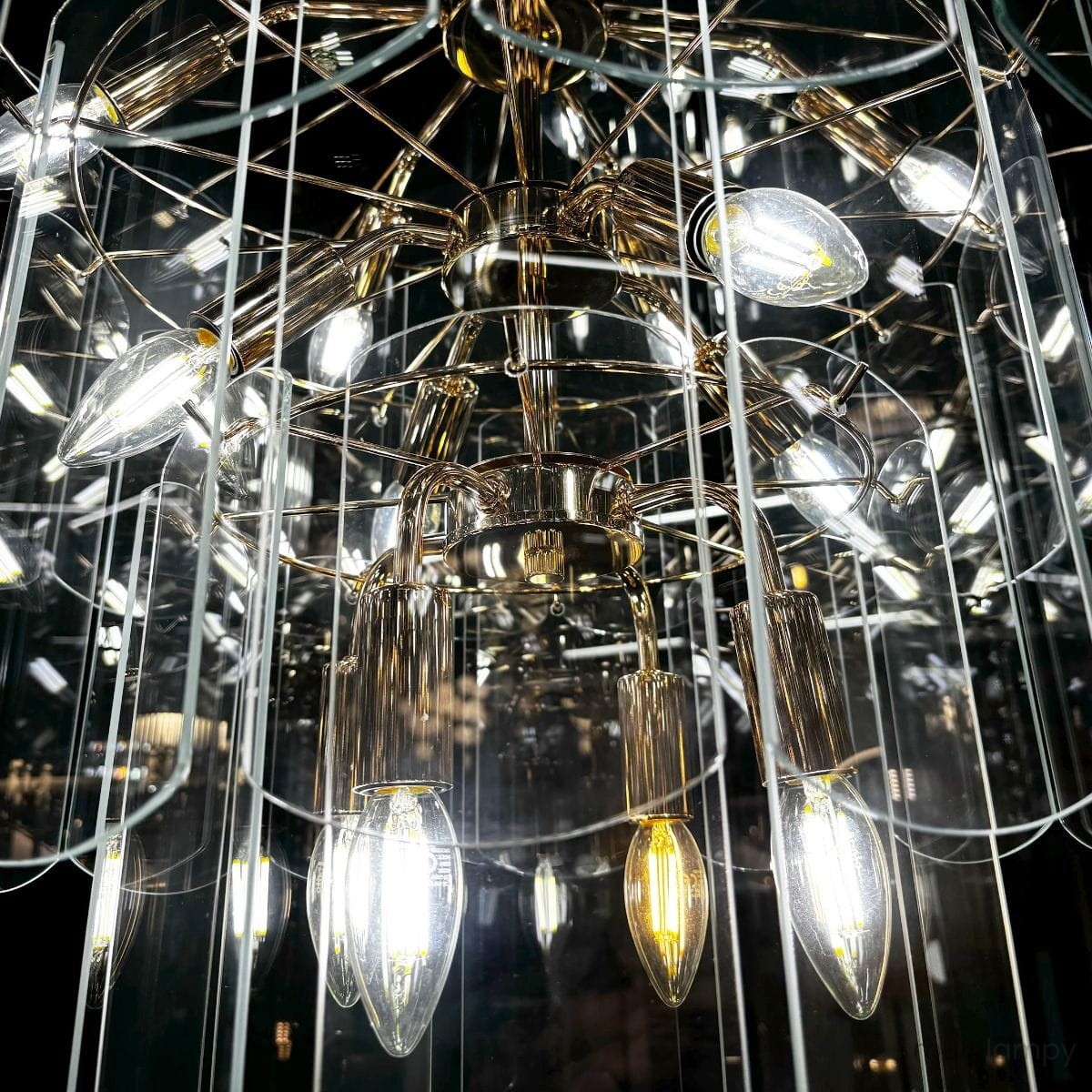 Złota lampa wisząca Nira z 14 miejscami na żarówki E14, o eleganckim, transparentnym kloszu, z widocznymi żarówkami w różnych odcieniach. Kąt ujęcia zbliżeniowy, ukazujący detale konstrukcji i połysk materiału.