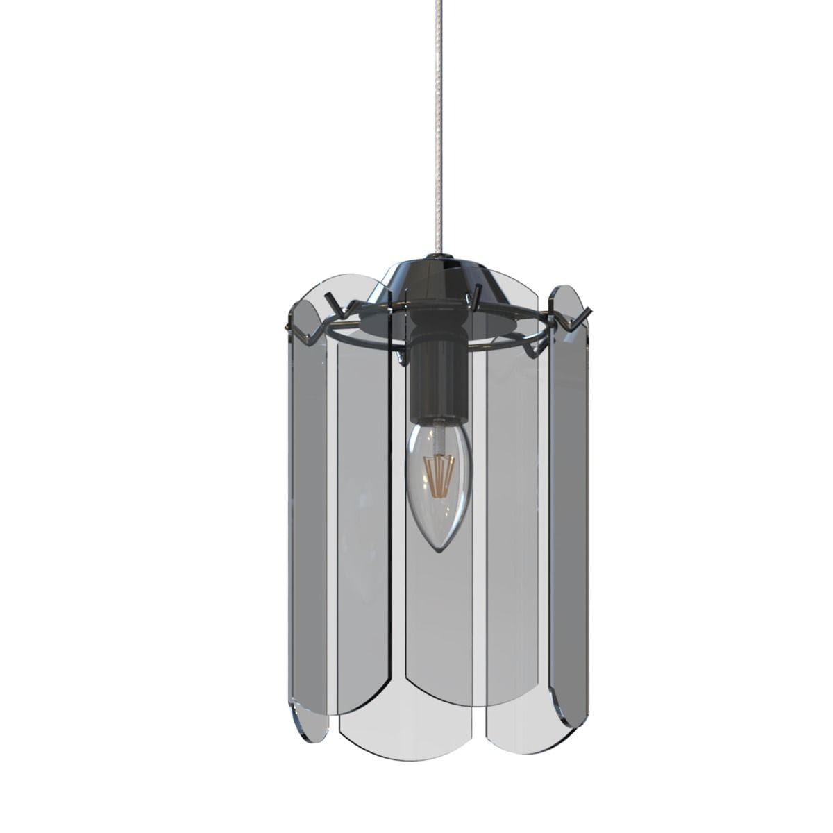 Lampa wisząca Nira, czarna z chromowanymi detalami, z przezroczystymi panelami w kształcie łuku, zawieszone na długim przewodzie. Widoczna żarówka E14 w centralnej części, elegancki kształt, idealna do nowoczesnych wnętrz.