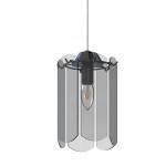 Lampa wisząca Nira, czarna z chromowanymi detalami, z przezroczystymi panelami w kształcie łuku, zawieszone na długim przewodzie. Widoczna żarówka E14 w centralnej części, elegancki kształt, idealna do nowoczesnych wnętrz.