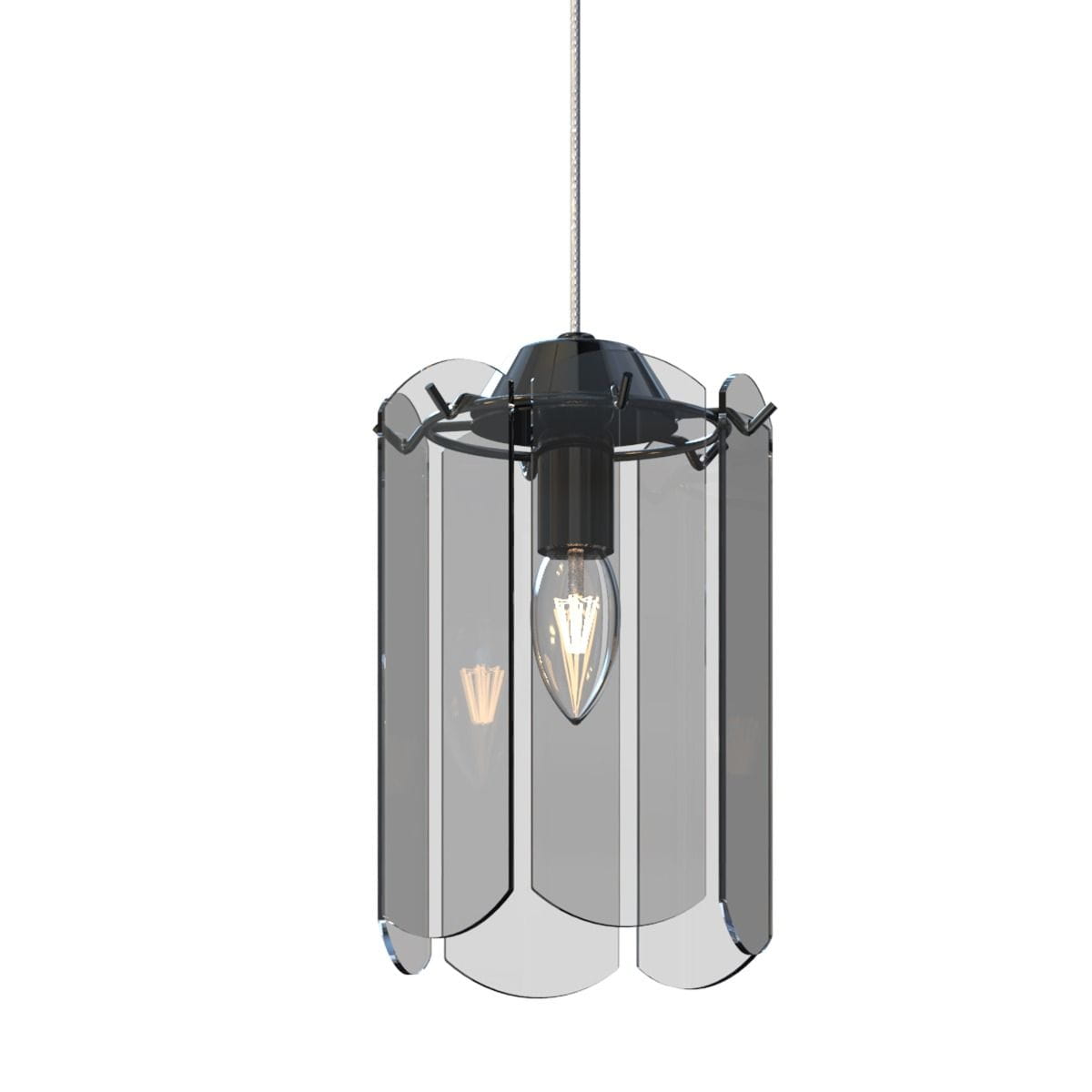 Lampa wisząca Nira w kolorze czarnym z chromowanymi akcentami, z przezroczystymi, prostokątnymi kloszami. Zawieszona na cienkim kablu, z widoczną żarówką E14 w centralnym miejscu. Klosze mają zaokrąglone krawędzie, tworząc elegancki wygląd.