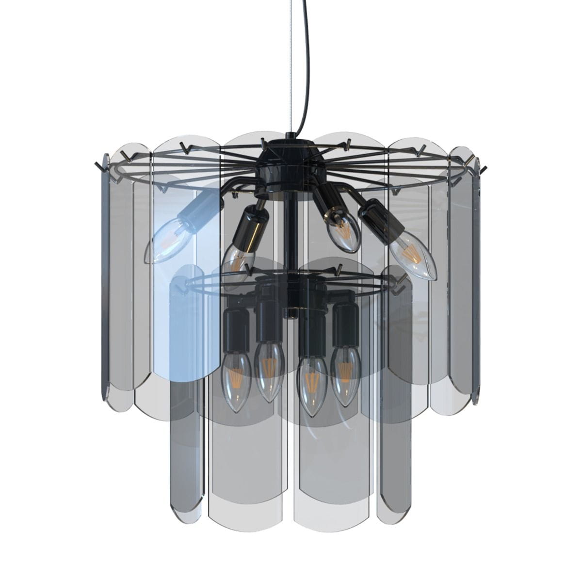 Lampa wisząca Nira z 8 gniazdami E14 w kolorze czarnym i chromowanym. Okrągły abażur z przezroczystymi panelami, ukazującymi żarówki wewnątrz. Produkt zawieszony na cienkim przewodzie, widok z góry. Idealna do nowoczesnych wnętrz.