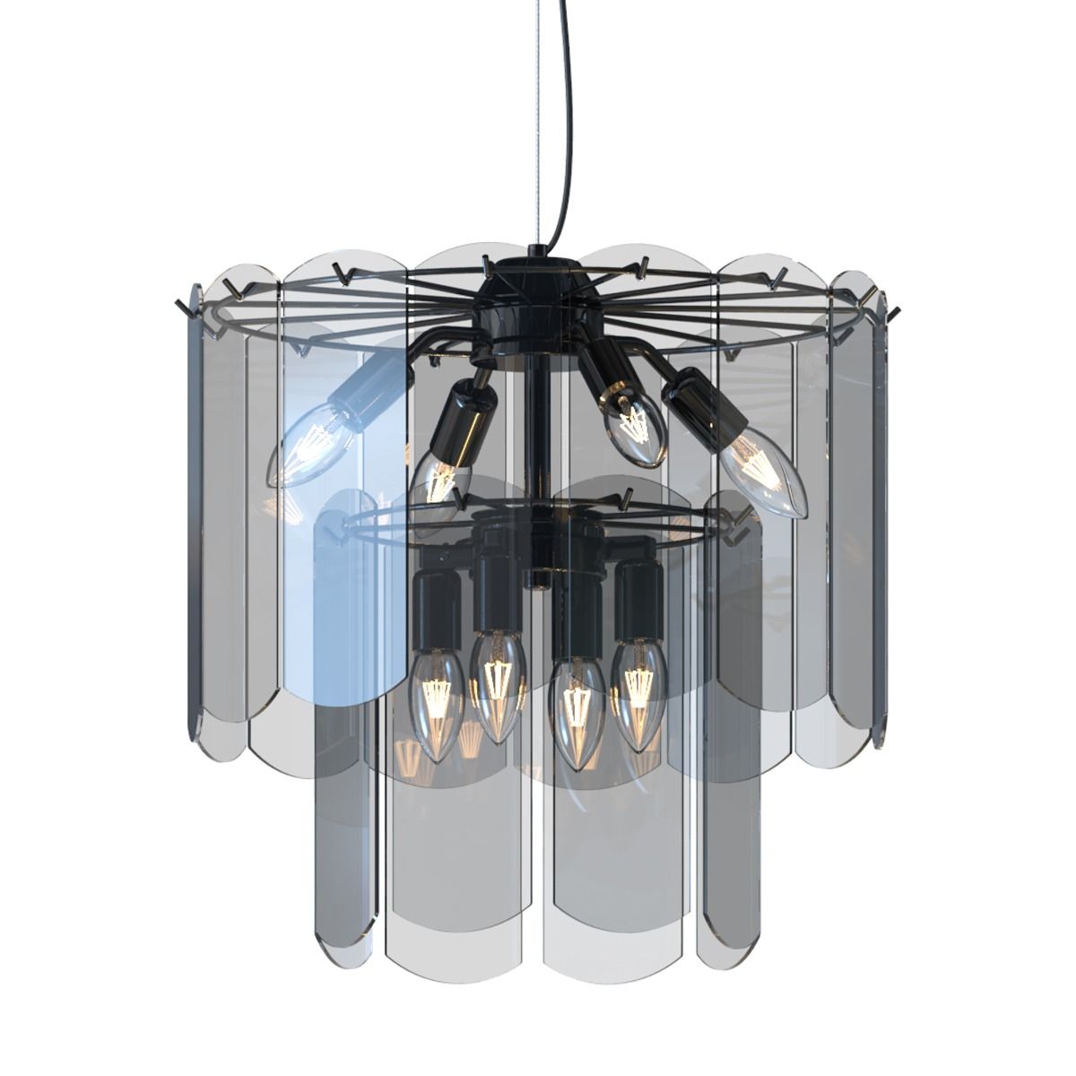 Lampa wisząca Nira z 8 miejscami na żarówki E14, w kolorze czarnym z chromowanymi akcentami. Ma unikalną, przezroczystą konstrukcję z falistymi panelami, zawieszona na cienkim przewodzie. Idealna do nowoczesnych wnętrz.