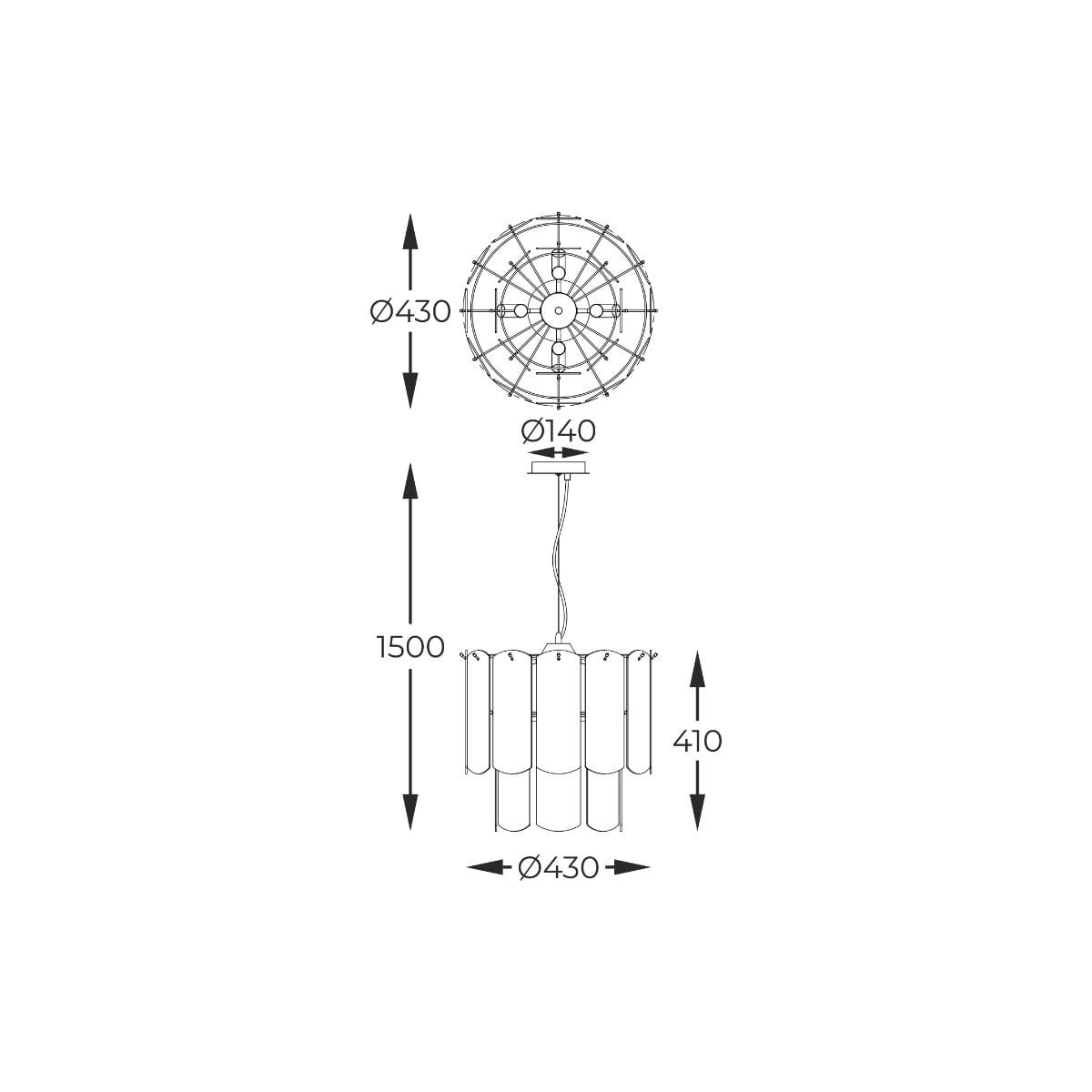 Lampa wisząca Nira, kolor czarny z chromowanymi akcentami, z 8 miejscami na żarówki E14. Wymiary: średnica 430 mm, wysokość 1500 mm. Kształt z falistymi detalami, montowana na suficie.