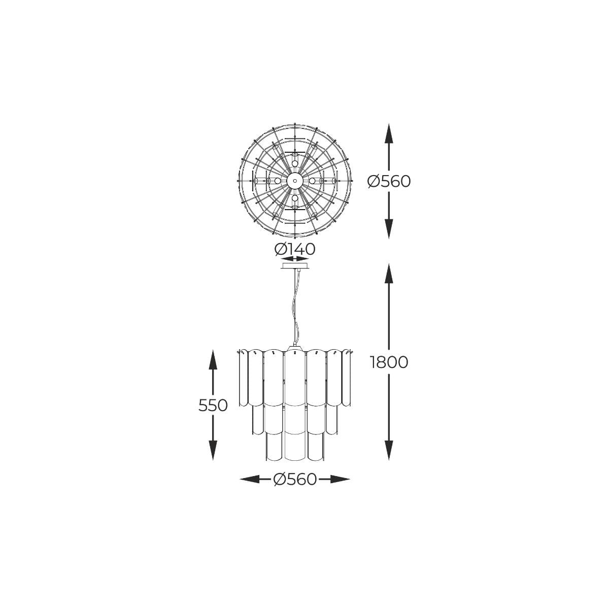 Lampa wisząca Nira w kolorze czarnym i chromowanym, z 14 miejscami na żarówki E14. Wymiary: średnica 560 mm, wysokość 1800 mm. Wzór składa się z falistych elementów, zawieszona na długim przewodzie, z okrągłym mocowaniem.
