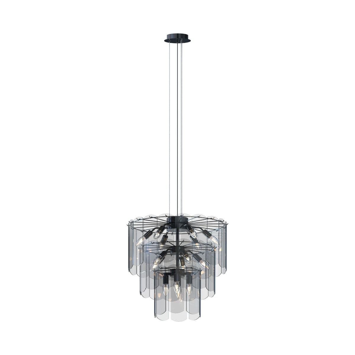 Lampa wisząca Nira z 14 gniazdami E14, w kolorze czarnym z chromowanymi akcentami. Posiada cylindryczne klosze z przezroczystego szkła, ułożone w warstwy, z metalową konstrukcją. Wisi na cienkim przewodzie, idealna do nowoczesnych wnętrz.