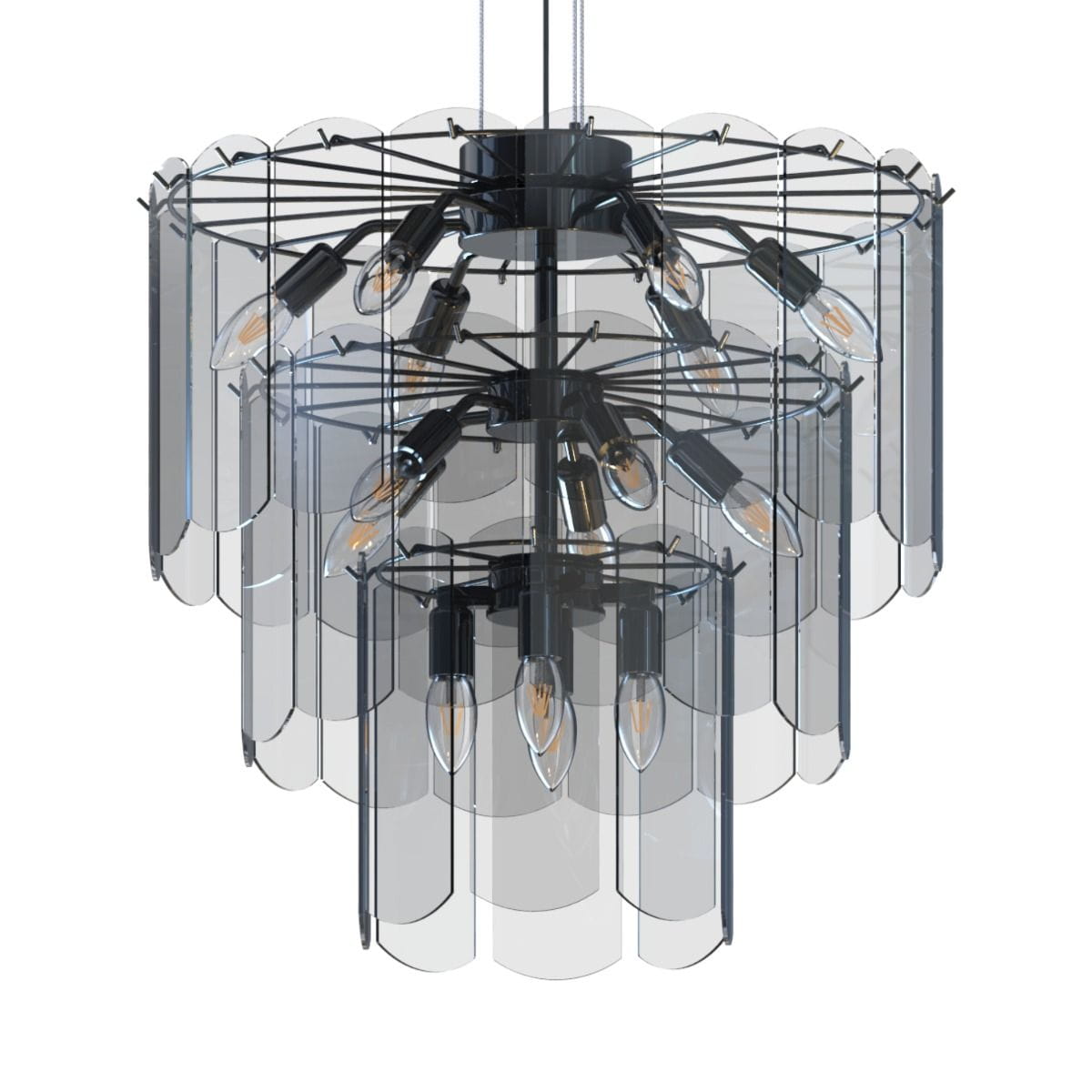 Lampa wisząca Nira z 14 miejscami na żarówki E14, w kolorze czarnym z chromowanymi akcentami. Przyciągający wzrok, z wieloma przezroczystymi kloszami, zawieszona na cienkich linkach, w nowoczesnym stylu.
