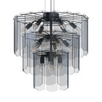 Lampa wisząca Nira z 14 miejscami na żarówki E14, w kolorze czarnym z chromowanymi akcentami. Przyciągający wzrok, z wieloma przezroczystymi kloszami, zawieszona na cienkich linkach, w nowoczesnym stylu.