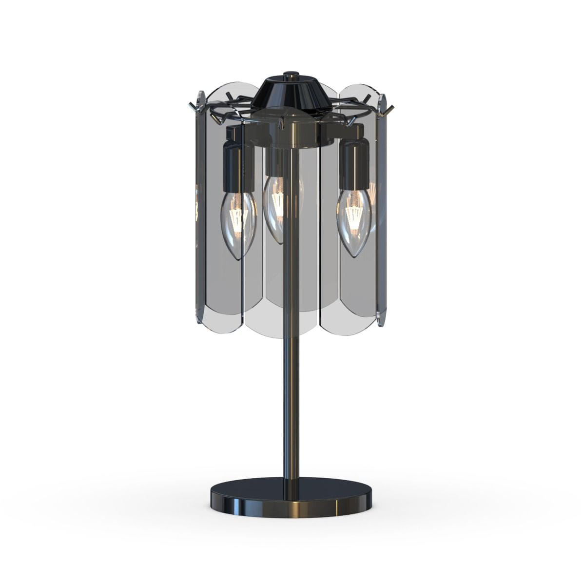 Lampa stołowa Nira w kolorze czarnym z chromowanym wykończeniem, wyposażona w trzy gniazda E14. Posiada przezroczystą osłonę z zaokrąglonymi krawędziami, stojącą na okrągłej podstawie. Ujęcie frontalne, ukazujące całość produktu.
