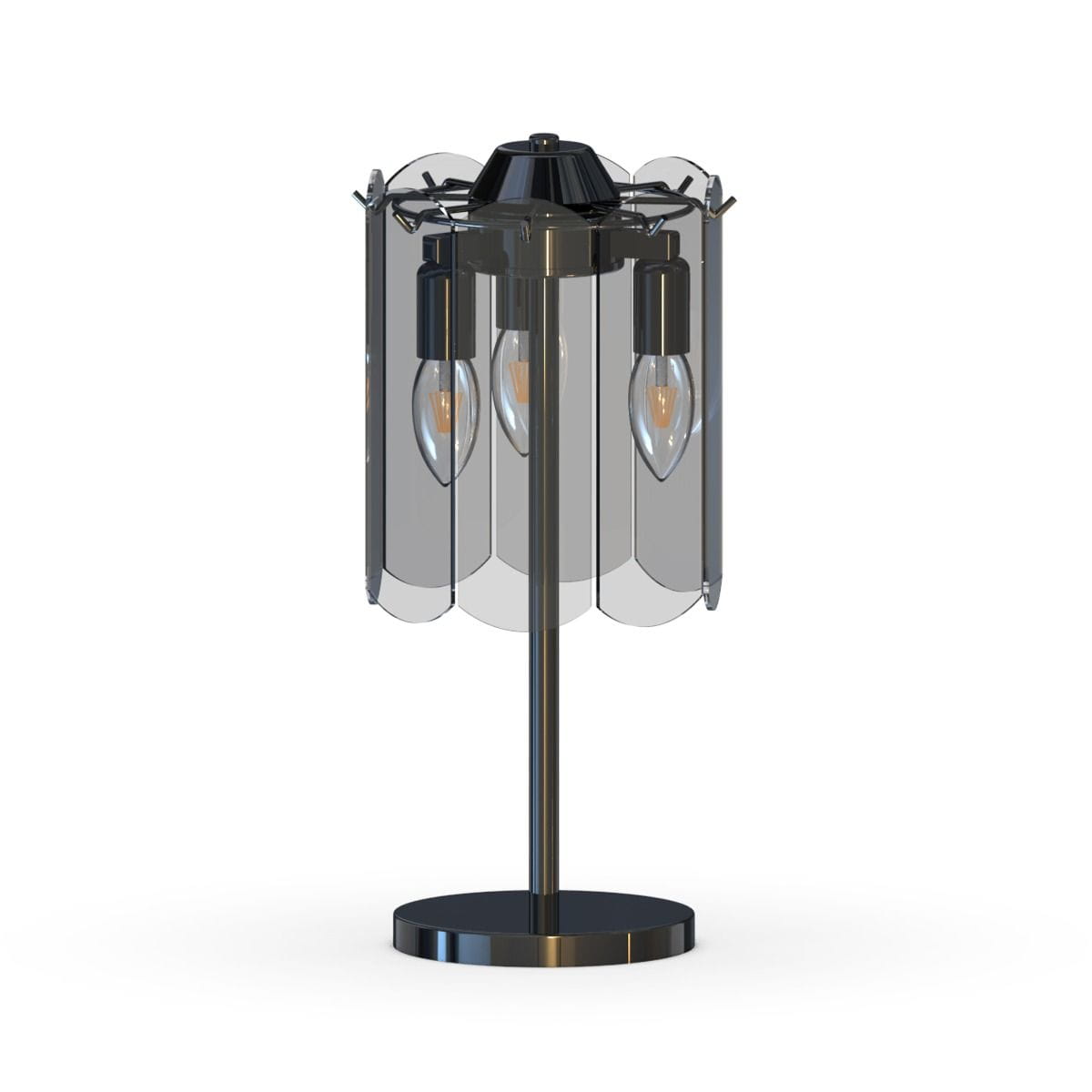 Lampa stołowa Nira z trzema gniazdami E14, w kolorze czarnym i chromowanym. Posiada przezroczyste klosze w kształcie fal, umieszczone na metalowej podstawie. Produkt stoi na płaskiej, okrągłej podstawie.