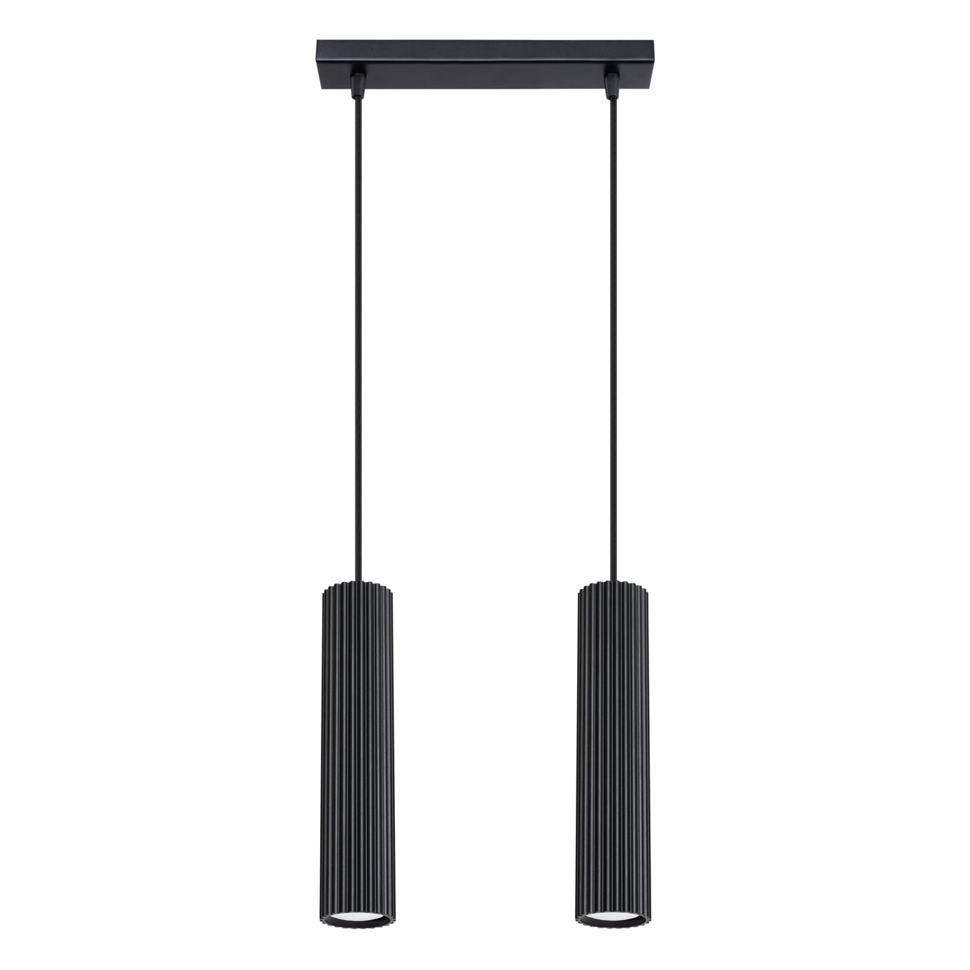 Lampa wisząca Karbon 2 z dwoma cylindrycznymi kloszami w kolorze czarnym, umieszczona na prostokątnej podstawie. Kluczowe elementy to żłobiona faktura kloszy oraz dwa gniazda GU10, zawieszone na smukłych linkach.