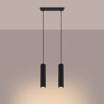 Lampa wisząca Karbon 2 o czarnym kolorze z dwiema cylindrycznymi oprawami, zawieszona na dwóch cienkich linkach. Klasyczny design z rowkowaną fakturą, przeznaczona do żarówek GU10. Ujęcie frontalne na jednolitym tle.