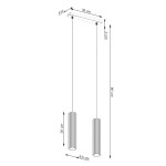 Lampa wisząca Karbon 2 w kolorze czarnym z dwoma kloszami na żarówki GU10. Klosze o wysokości 30 cm i średnicy 6,5 cm, zawieszone na prostokątnej podsufitce o wymiarach 30 x 5 cm. Długość zwisu wynosi 90 cm.