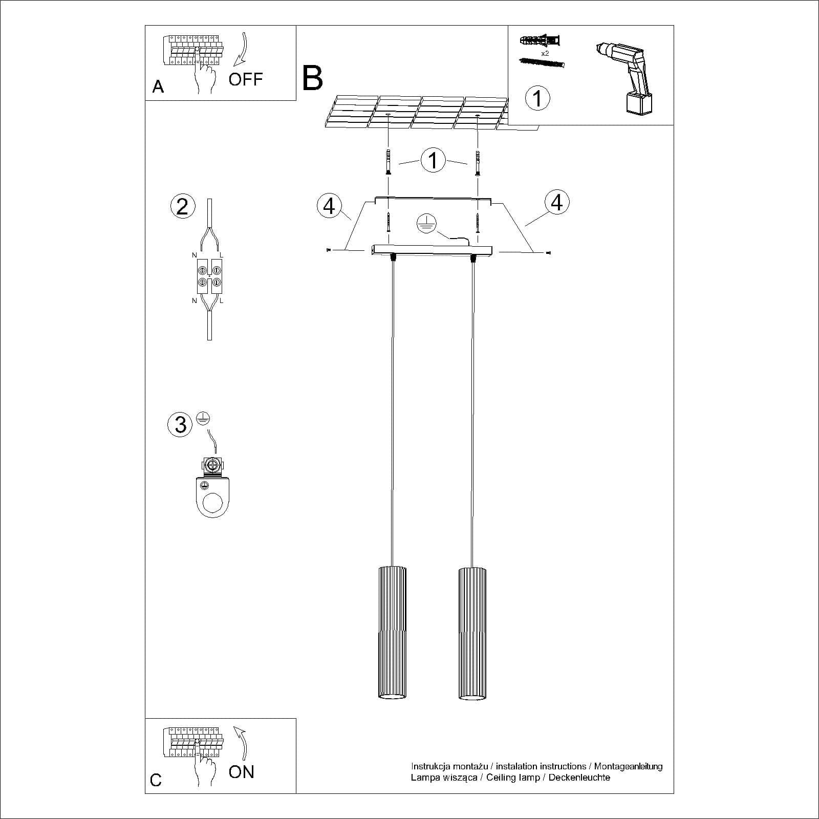 Lampa wisząca Karbon 2, czarna, z dwoma oprawami na żarówki GU10, zawieszona na dwóch cienkich linkach. W centralnej części znajduje się okrągły element mocujący. Instrukcja montażu z oznaczeniami elementów.