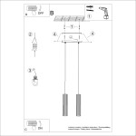 Lampa wisząca Karbon 2, czarna, z dwoma oprawami na żarówki GU10, zawieszona na dwóch cienkich linkach. W centralnej części znajduje się okrągły element mocujący. Instrukcja montażu z oznaczeniami elementów.