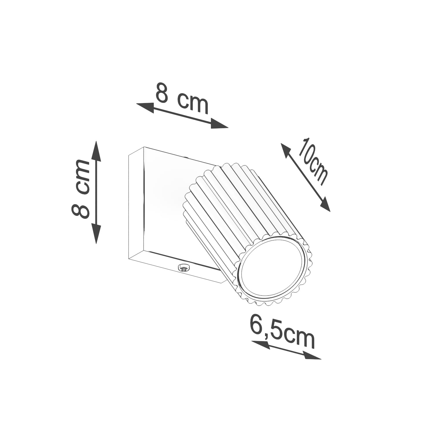 Karbon kinkiet 1xGU10 w kolorze czarnym, z prostokątną podstawą o wymiarach 8x8 cm i cylindryczną oprawą o średnicy 6,5 cm oraz wysokości 10 cm. Wykończenie z rowkami na powierzchni. Produkt zamontowany na ścianie.