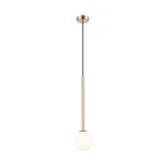 Lampa wisząca Arcturus 1xG9 w kolorze złotym, z okrągłym kloszem z białego szkła. Produkt zawieszony na czarnym przewodzie, z metalowym mocowaniem sufitowym. Prosty, nowoczesny design, idealny do różnych wnętrz.