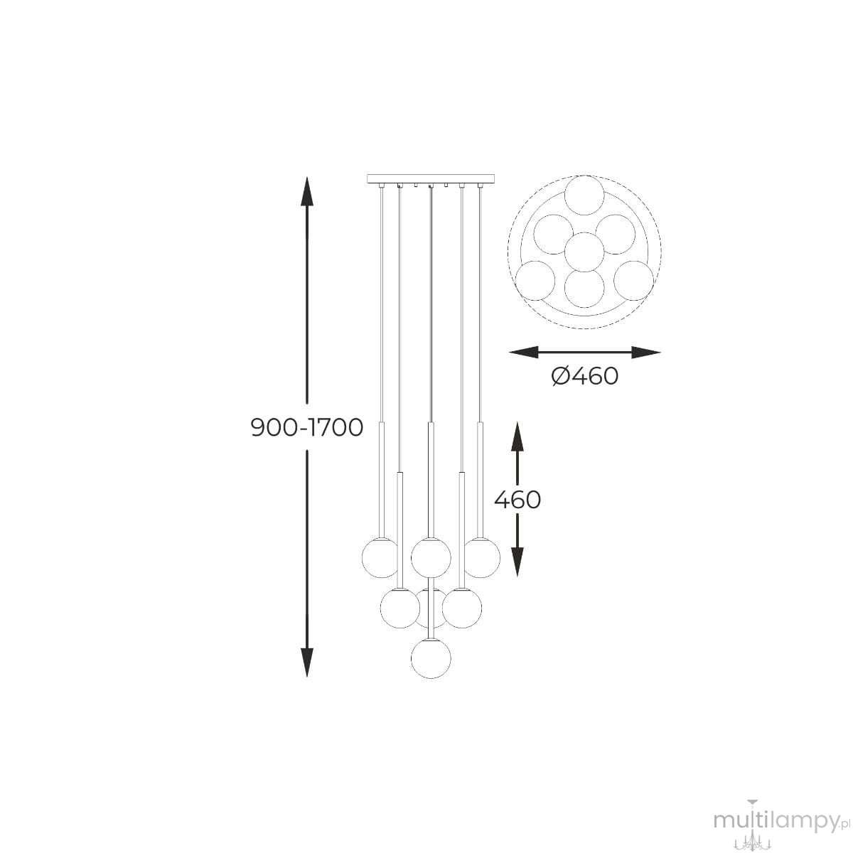 Lampa wisząca Arcturus 7xG9 w złotym kolorze, z sześcioma okrągłymi kloszami. Wymiary: wysokość regulowana 900-1700 mm, średnica 460 mm. Ujęcie z góry, przedstawiające detal konstrukcji i rozłożenie kloszy.