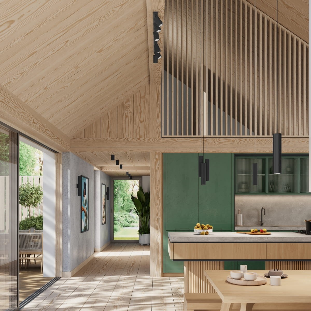 Czarna lampa sufitowa Karbon z sześcioma reflektorami GU10, zamontowana na drewnianym suficie w nowoczesnej kuchni. Widoczna w otoczeniu zielonych ścian i naturalnych elementów, dobrze dopełnia aranżację przestrzeni.