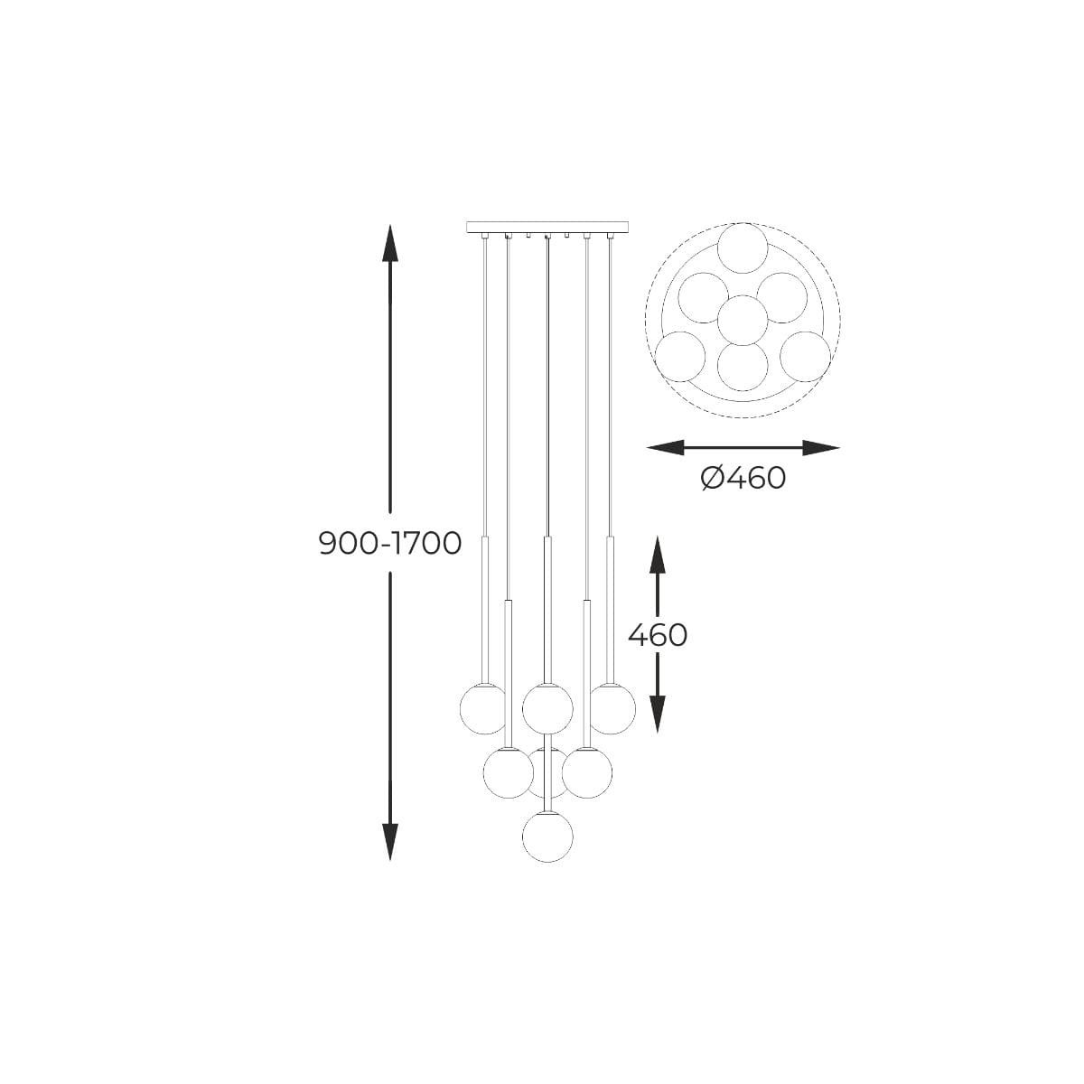 Lampa wisząca Arcturus z siedmioma punktami świetlnymi G9, w kolorze czarnym i złotym. Wymiary: wysokość regulowana od 900 do 1700 mm, średnica 460 mm. Prosta konstrukcja z okrągłą podstawą i długimi zwisami.