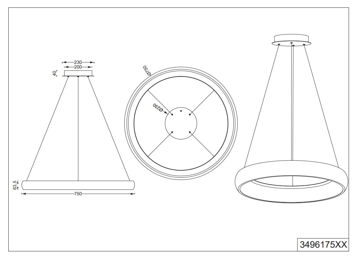 Lampa wisząca Cardona w kolorze białym, wykonana z materiału metalowego. Kształt stożkowy z szeroką podstawą o średnicy 750 mm i wysokości 950 mm. Zawiera jedno źródło światła LED o mocy 59W. Widok z przodu, z boku i z góry, z wymiarami.