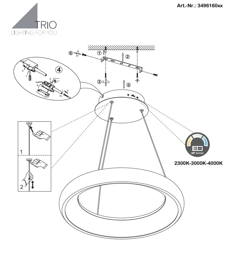 Lampa wisząca Cardona w kolorze białym, z pojedynczym źródłem LED 38W. Okrągły klosz z regulowanym zawieszeniem. Możliwość zmiany barwy światła między 2300K a 4000K. Widoczne elementy montażowe oraz instrukcja obsługi.