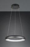 Lampa wisząca Cardona w kolorze czarnym, z okrągłym kloszem i białym wnętrzem. Zawieszona na cienkich linkach, z zamontowanym okrągłym mocowaniem sufitowym. Źródło światła LED, 38W, z funkcją zmiany temperatury barwowej.