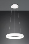 Lampa wisząca Cardona w kształcie okręgu, biała, wykonana z materiału matowego. Zawieszona na cienkich linkach, zintegrowane źródło LED o mocy 29W, prezentująca nowoczesny design. Tło ciemnoszare, podkreślające lampę.