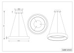 Lampa wisząca Cardona w kolorze białym, z pojedynczym źródłem LED o mocy 29W. Kształt stożkowy, z okrągłą podstawą o średnicy 465 mm i wysokości 1500 mm. Widok z przodu, z boku i z góry, prezentujący wymiary i konstrukcję.