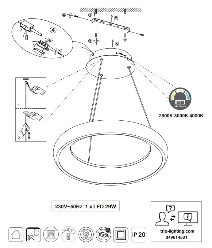 Lampa wisząca Cardona w kolorze czarnym, z jedną diodą LED o mocy 29W. Okrągły kształt, zawieszona na dwóch linach. Możliwość regulacji temperatury barwowej (2300K-4000K). Przeznaczona do montażu wewnętrznego, z oznaczeniem IP20.